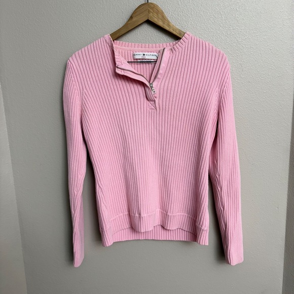 Tommy Hilfiger Sweaters - y2k Tommy Hilfiger Jeans Pink Ribbed Quarter Zip Sweater Large Preppy Coquette
